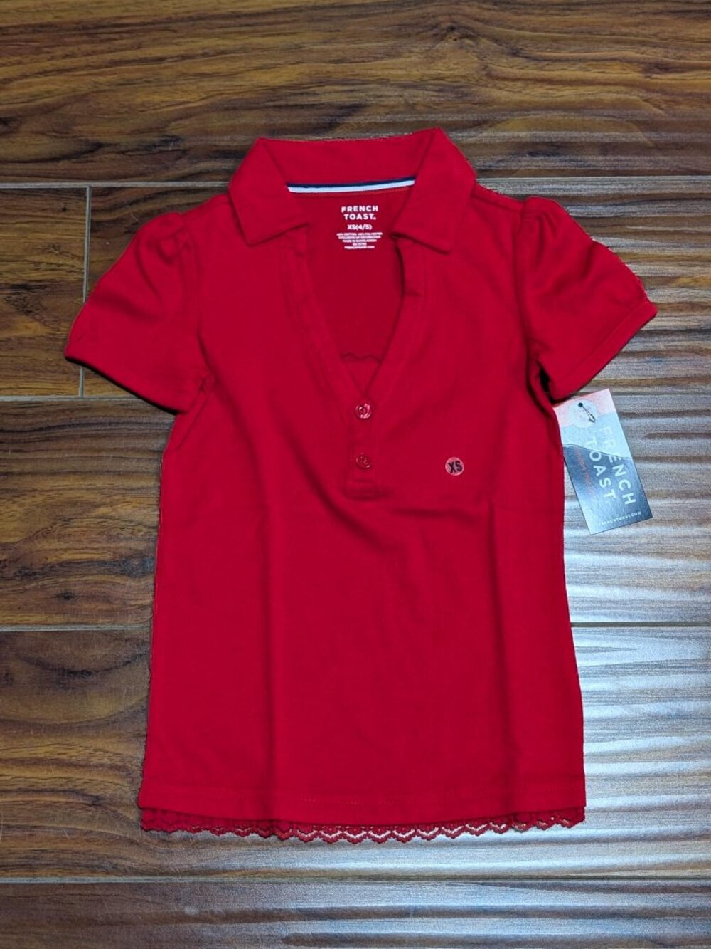 French Toast SA9462 Kids Polo with Lace Trim - Red